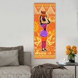 Wallxpert slika na platnu DKY81156188445, afrička žena sa ćupom na glavi na narandžastoj pozadini sa etno šarama, 30 x 80 cm Cene