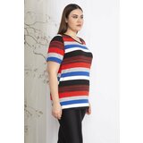 Şans Women's Plus Size Colorful Short Sleeve Knitwear Woven Striped Blouse Cene