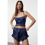 Trendyol navy blue ruffle and back rope strap satin woven pajama set Cene