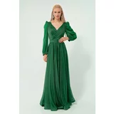 Lafaba Women's Emerald Green Double Breasted Neck Silvery Long Flared Evening Dress
