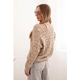 Kesi Włoski Women's openwork sweater with a V-neck and golden buttons dark beige | Shoptok.si