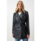  Women's Black Faux Leather Double Breasted Collar Short Trench Coat | Eponuda.ba