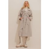 Trend Alaçatı Stili Women's Beige Double Breasted Coat with Waist and Belted Herringbone Pattern Cachet Cene