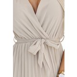 numoco basic 424-7 Chiffon pleated dress with neckline and ruffles - beige | shoptok.hr