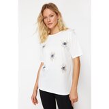 Trendyol White Printed Relaxed Knitted T-Shirt Cene