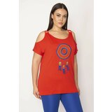 Şans Women's Plus Size Red Embroidery Detailed Decollete Viscose Blouse Cene
