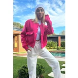 Trend Alaçatı Stili Women's Fuchsia Snap Closure Double Pockets Inner Raising Crop Jacket