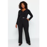 Trendyol Curve Black High Waist Weave Trousers With Belt Detail Cene