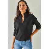 Olalook Women's Black Zippered Stand-Up Collar Sharding Sweater Cene