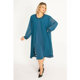 Şans Women's Plus Size Oil Chiffon Cape Lace Detailed Evening Dress Cene