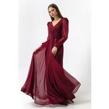 Lafaba Women's Claret Red Double Breasted Collar Glittery Long Flare Evening Dress. Cene