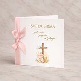  Vabilo za birmo z nežno roza pentljo,nežnim sporočilom, kvadratno s pregibom REB 100-01 | Shoptok.si