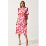  Women's Pink Orange Patterned Summer Wrap Viscose Dress | Shoptok.si