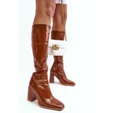 Kesi Patented knee-high heel boots, Newt Brown