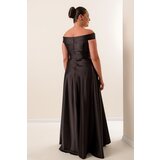By Saygı Madonna Neckline Waist Belted Lined Slit Plus Size Long Satin Dress | Shoptok.si