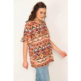 Şans Women's Plus Size Orange V-Neck Flounce Sleeve Blouse