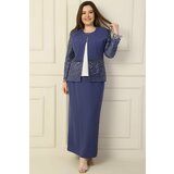 By Saygı Inside Half Moon Sleeve Blouse Sequin Embroidery Bead Detailed Jacket Skirt Lined Large Size 3-Piece Set cene