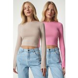 Happiness İstanbul Women's Pink Beige Basic 2-Pack Knitted Crop Top Cene
