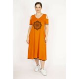 Şans Women's Orange Plus Size Decollete Decollete Embroidery Dress cene