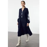 Trendyol Navy Blue Wide Cut Embroidered Midi Woven Dress