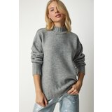 Happiness İstanbul Women's Gray Stand-Up Collar Soft Textured Knitwear Sweater Cene
