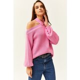 Olalook Women's Candy Pink Cross Collar Knitwear Sweater | shoptok.hr