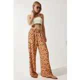 Happiness İstanbul Women's Brick Beige Patterned Raw Linen Palazzo Trousers