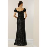 By Saygı Madonna Neck Low Sleeve Front Draped Astered Top Satin Bottom Sequined Long Dress | Shoptok.si