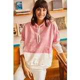 Olalook Women's Pink Contrast Asymmetrical Hooded Sweatshirt