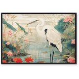  Slika - By an Asian pond - an illustration in the style of a Japanese engraving depicting a heron 120x80 U crnom drvenom okviru | shoptok.hr