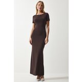 Happiness İstanbul Women's Brown Decollete Long Sandy Knitted Dress Cene