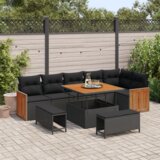 vidaXL 9-delni vrtni kavč komplet z blazinami črni poli ratan akacija | Shoptok.si