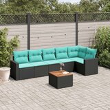  Vrtna garnitura - 7-dijelni set vrtnih sofa od poliratana s jastucima crni - Crna kutna + 2x Sofa + 3x srednja + stol 1 | shoptok.hr