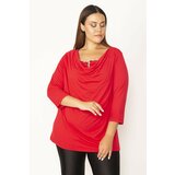Şans Women's Plus Size Red Low Collar Stone Detailed Capri Sleeve Blouse Cene