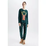 Defacto Fall In Love Regular Fit Christmas Themed Crew Neck Printed Pajamas Set