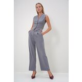 Trend Alaçatı Stili Women's Gray V-Neck Buttoned Vest and Double Pocket Palazzo Pants Set Cene