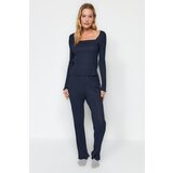 Trendyol Navy Blue Square Collar Lettuce Detailed Camisole Tshirt-Pants Knitted Pajamas Set | shoptok.hr