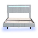 Lumor Oblazinjena postelja iz lanu – 160x200 cm – z LED osvetlitvijo in USB-priključki – siva, (22150912) | Shoptok.si