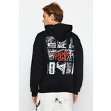 Trendyol Black Men's Oversize/Wide-Fit Hoodie Long Sleeve Basketball Printed Cotton Sweatshirt.