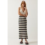  Women's Cream Black Strappy Striped Summer Knitwear Dress Cene