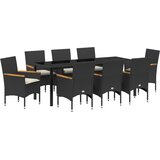 vidaXL 9-delni vrtnarski jedilni set z blazinami črn polirattan, vrtna miza črna 200x80x73 cm kaljeno steklo | Shoptok.si