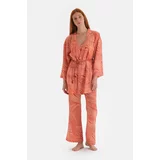 Dagi Tile Size Printed Satin Dressing Gown with Slit Detail.