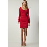 Happiness İstanbul Women's Red Heart Collar Pleated Sandy Knitted Dress Cene