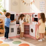 Ginger Home Velika kutna dječja drvena kuhinja s tekućom vodom, svjetlom i zvukom, ružičasta, 134x80x99 cm | shoptok.hr