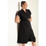 Lafaba Women's Black Double Breasted Collar Belted Plus Size Midi Dress Cene
