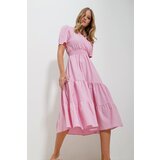 Trend Alaçatı Stili Women's Pink Double Breasted Waist Gimped Walloon Woven Poplin Dress Cene