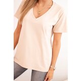 Polski Women's cotton blouse with a V-neck and short sleeves beige | shoptok.hr