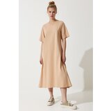  Women's Biscuit Crew Neck Loose Comfortable Combed Cotton Dress Cene