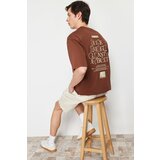 Trendyol Plus Size Brown Men's Oversize/Wide Cut 100% Cotton Text Printed T-Shirt Cene