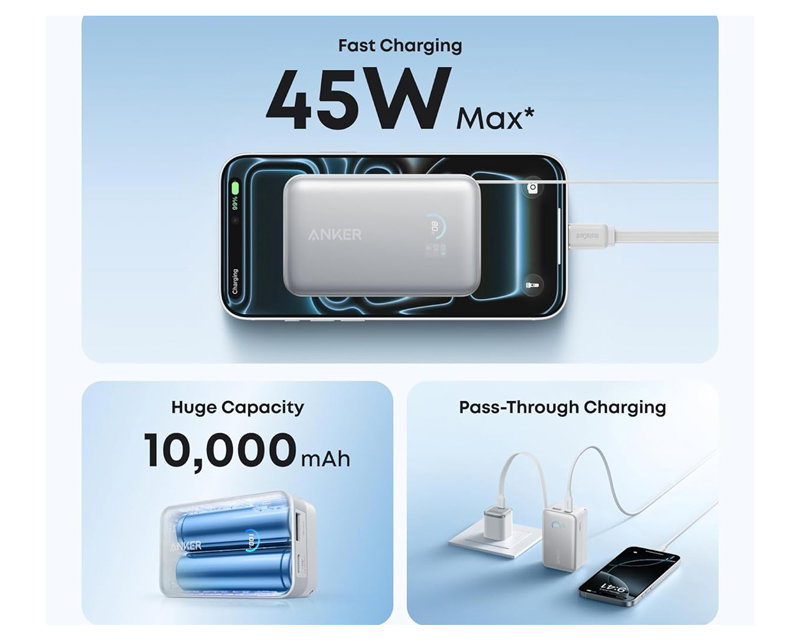 Anker Nano Power Bank 10000 mAh, 45W s ugrađenim USB-C kabelom, bijeli | shoptok.hr